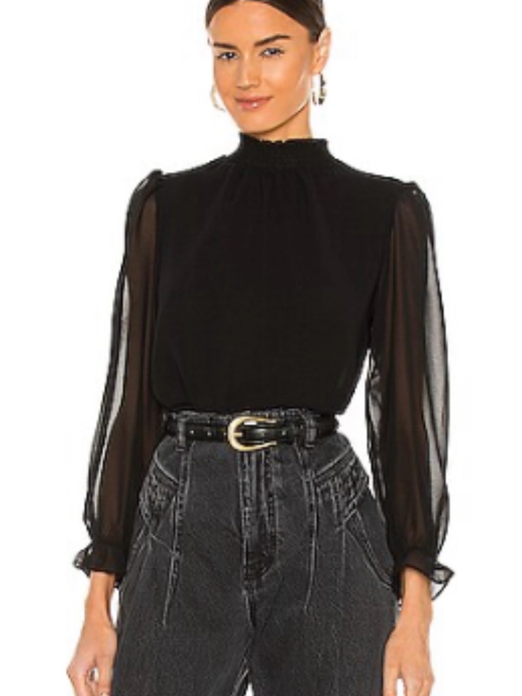 1. State Smocked Neck Top Rich Black Long Sleeve Blouse Xs